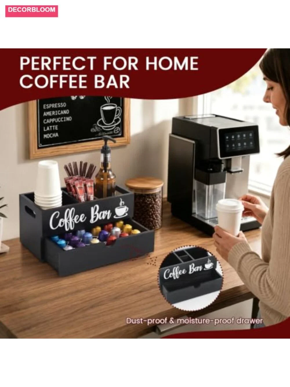 Farmhouse Coffee Station Organizer with Drawer | Wood Coffee Bar Holder for